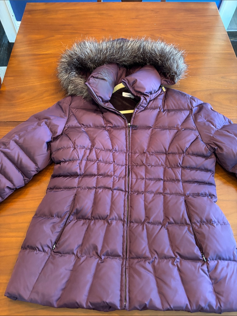 Calvin Klein Women's Purple Quilted Puffer Jacket with Faux Fur Hood Size L